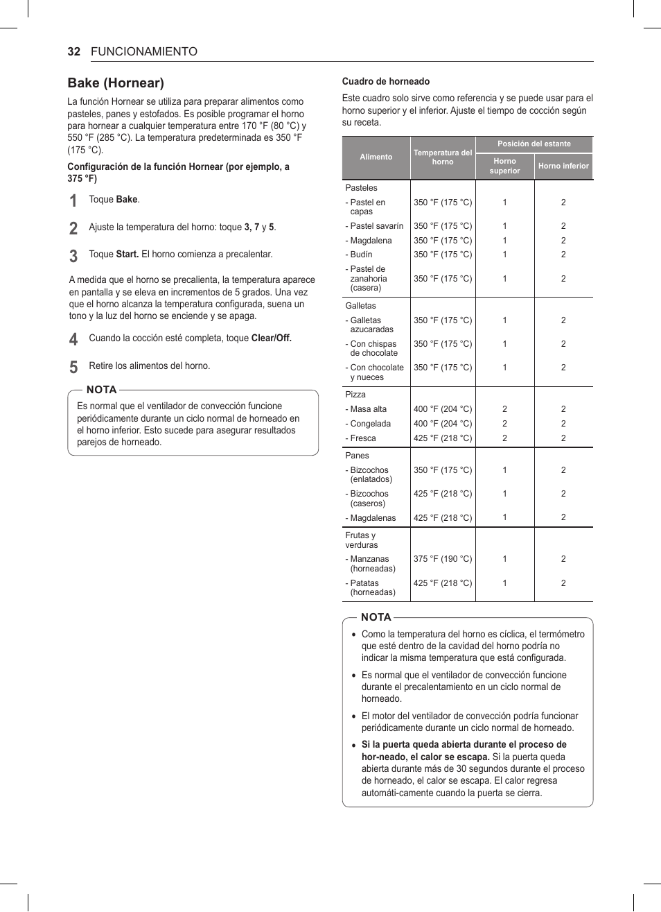 Bake (hornear), 32 bake (hornear) | LG 30 Inch Double Oven Gas Range Owners Manual User Manual | Page 90 / 120