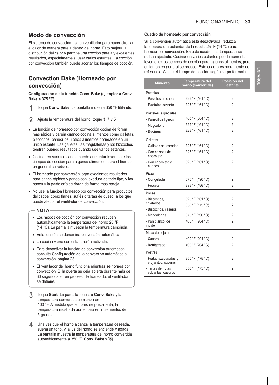 Convection bake (horneado por convección), 33 convection bake (horneado por, Convección) | Modo de convección | LG 30 Inch Double Oven Gas Range Owners Manual User Manual | Page 91 / 120