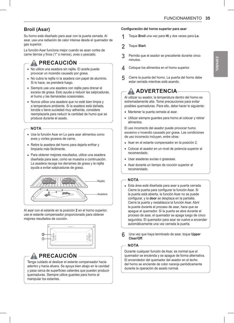 Broil (asar), 35 broil (asar), Precaución | Advertencia | LG 30 Inch Double Oven Gas Range Owners Manual User Manual | Page 93 / 120