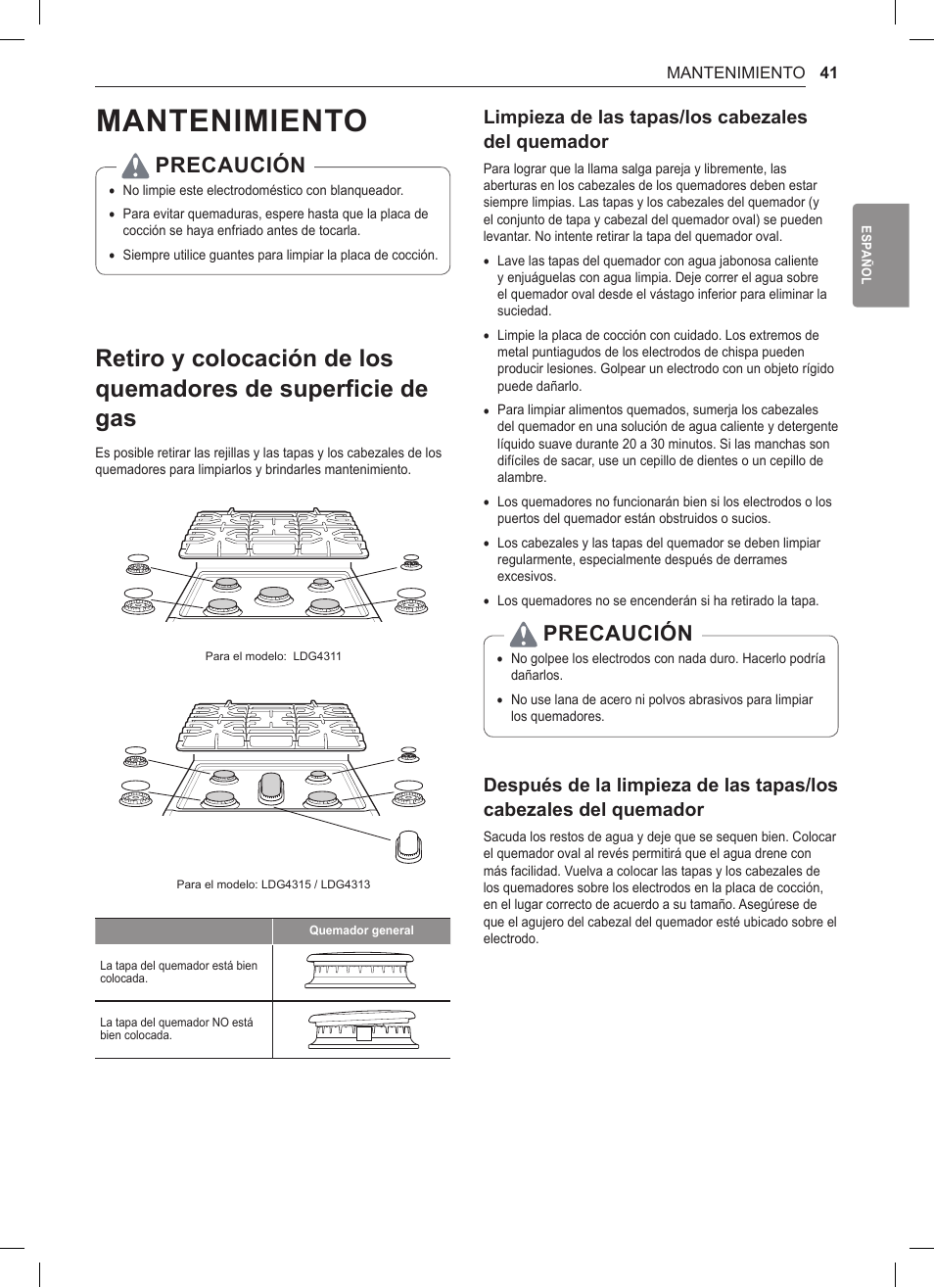 Mantenimiento, 41 retiro y colocación de los quemadores de, Superficie de gas | Precaución, Limpieza de las tapas/los cabezales del quemador | LG 30 Inch Double Oven Gas Range Owners Manual User Manual | Page 99 / 120