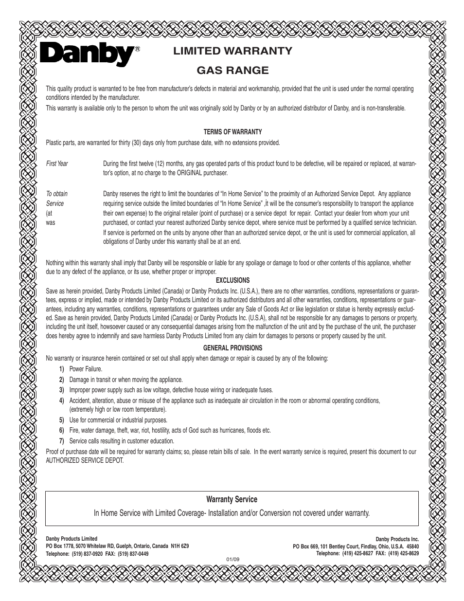 Limited warranty gas range | Danby DR2099BLGLP User Manual | Page 12 / 35