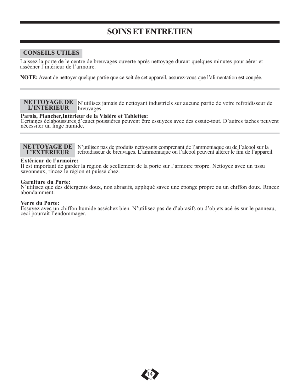 Soins et entretien | Danby DBC120BLS User Manual | Page 14 / 24