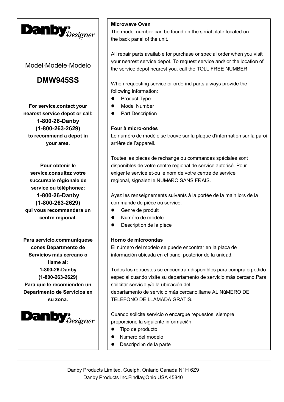 Danby DMW945SS User Manual | Page 20 / 20