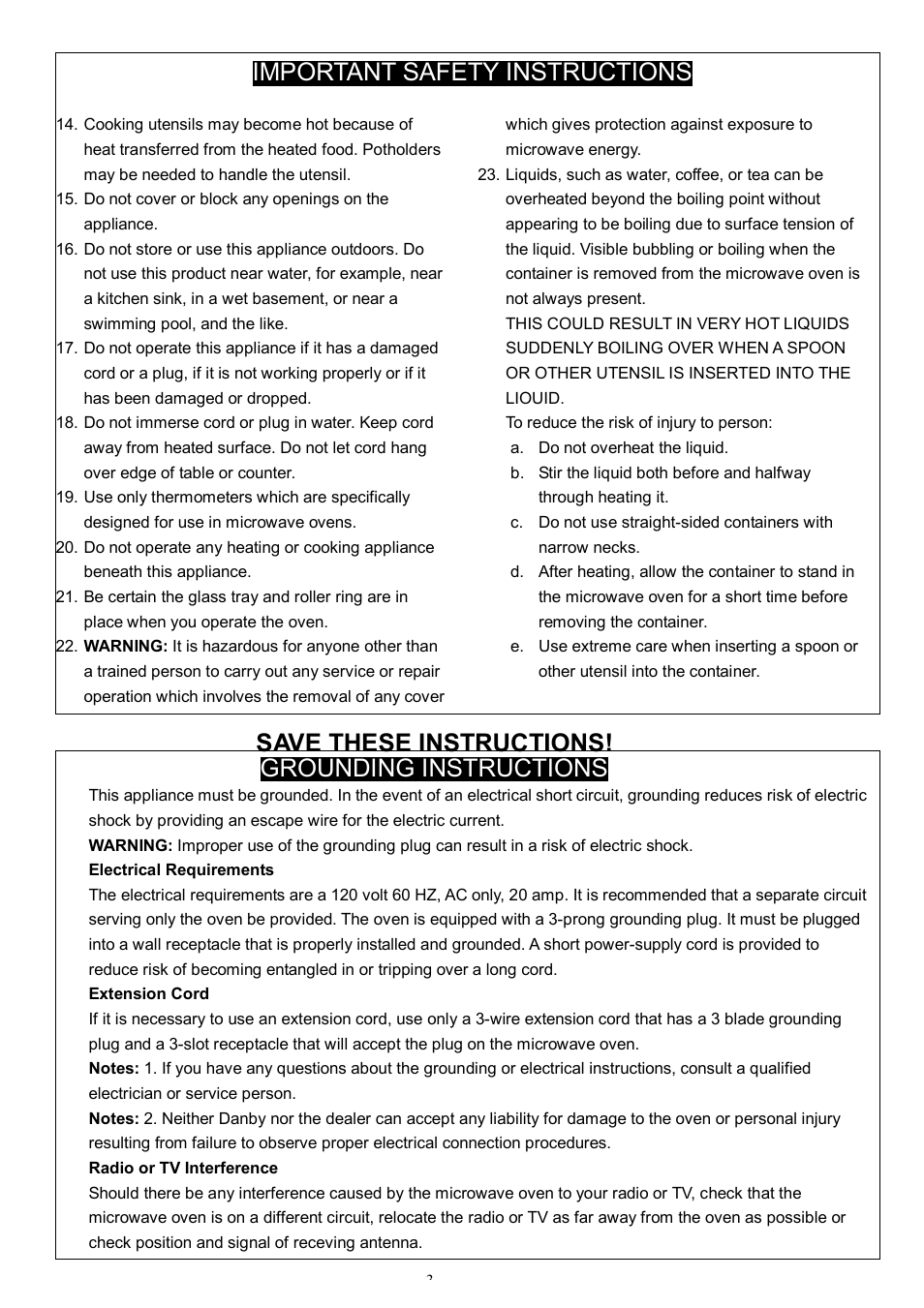 Important safety instructions, Save these instructions, Grounding instructions | Danby DMW945SS User Manual | Page 6 / 20