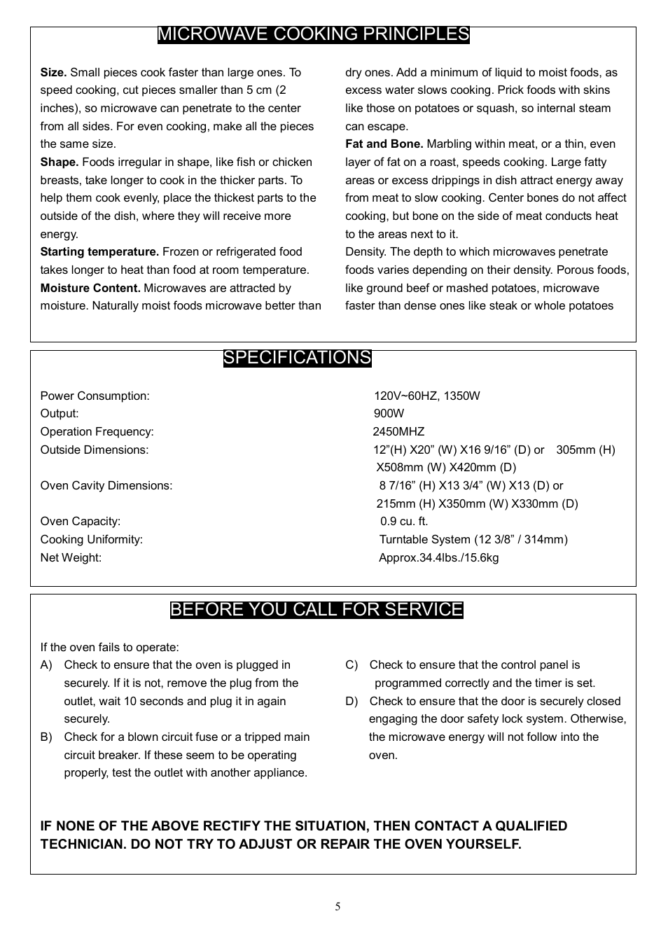 Microwave cooking principles, Specifications, Before you call for service | Danby DMW945SS User Manual | Page 8 / 20