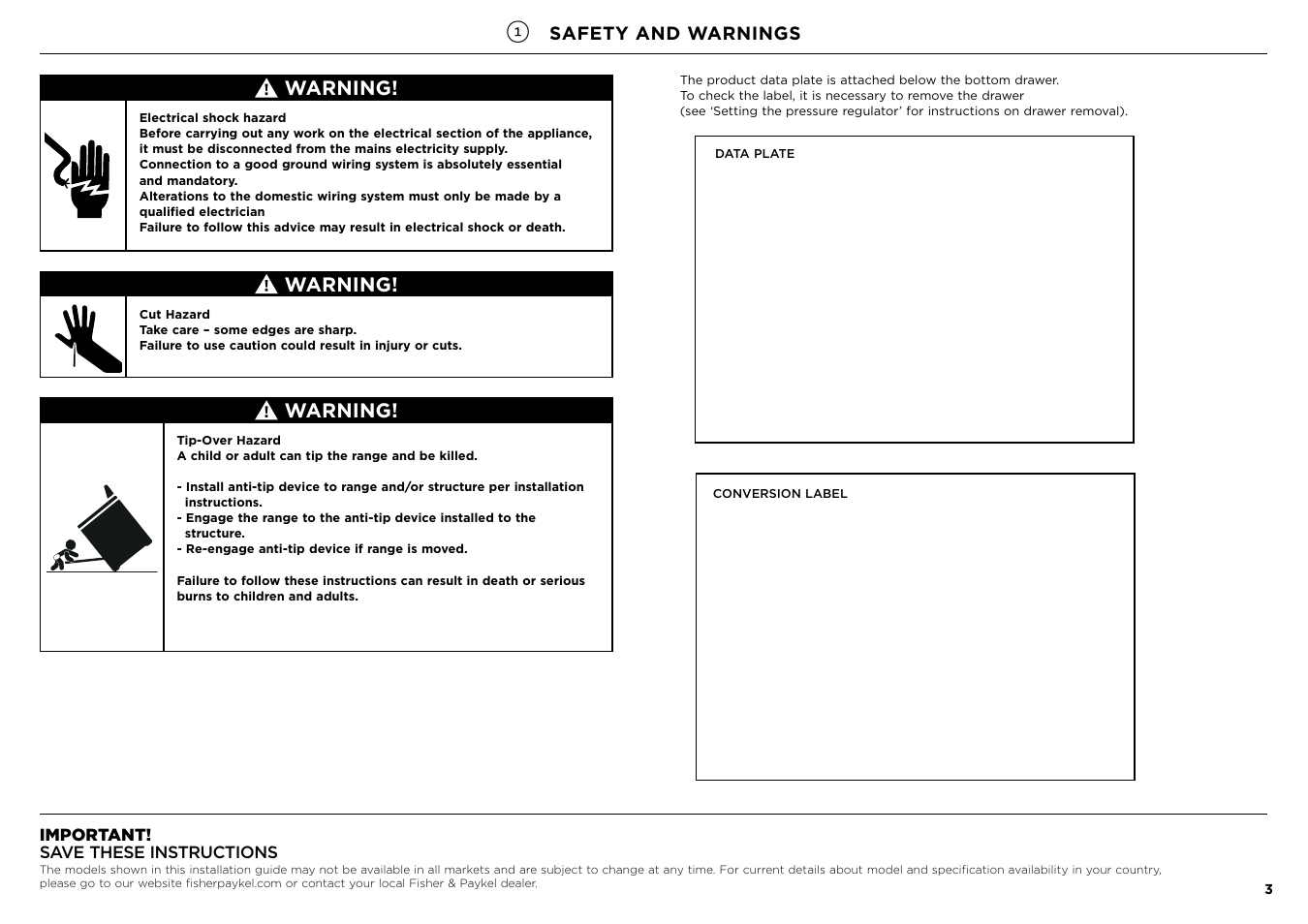 Warning, Safety and warnings | Fisher & Paykel Series 7 Contemporary Series 30 Inch Freestanding Gas Range Installation Guide User Manual | Page 3 / 54