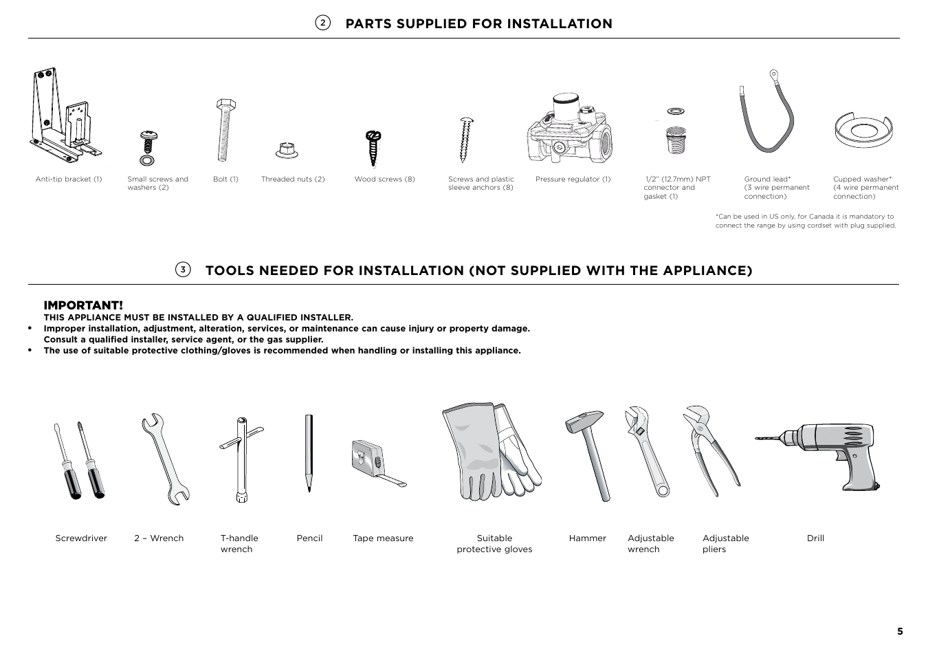 Parts supplied for installation, Important | Fisher & Paykel Series 7 Contemporary Series 30 Inch Freestanding Gas Range Installation Guide User Manual | Page 5 / 54