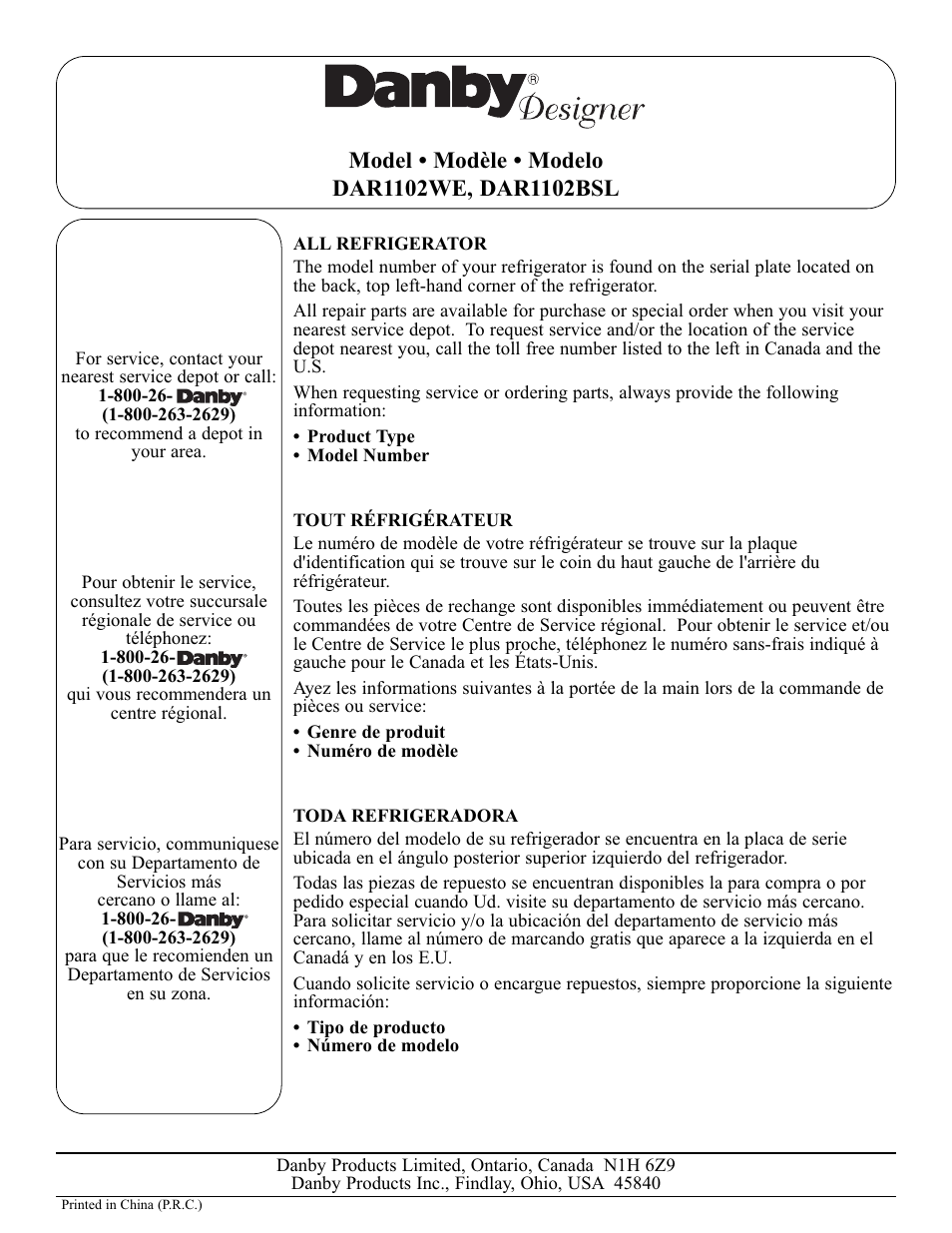 Danby DAR1102BSL User Manual | Page 11 / 11