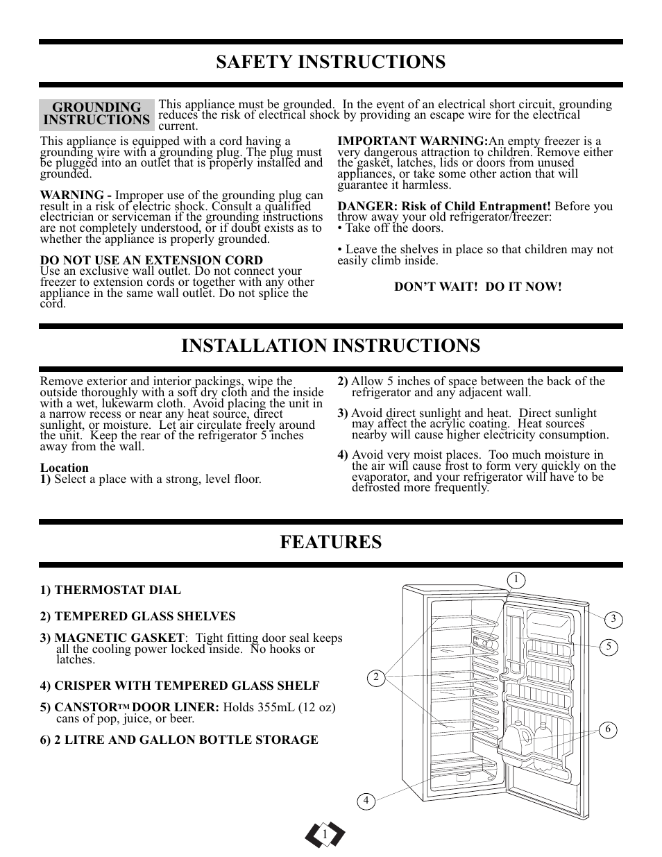 Safety instructions, Installation instructions, Features | Danby DAR1102BSL User Manual | Page 2 / 11