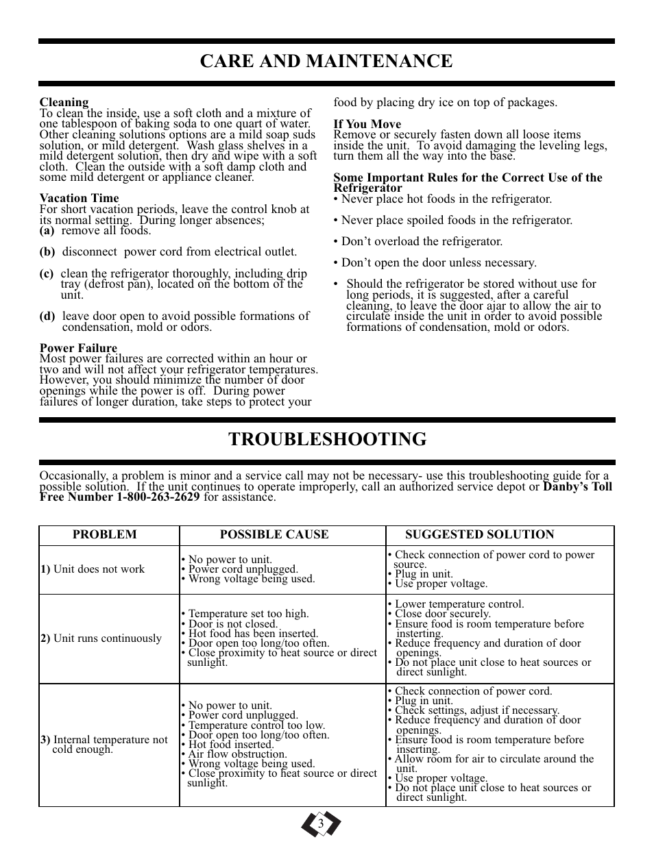 Care and maintenance, Troubleshooting | Danby DAR1102BSL User Manual | Page 4 / 11