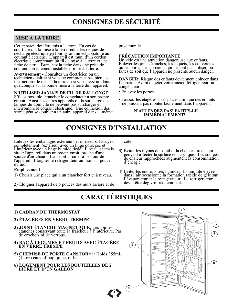 Consignes de sécurité, Consignes d’installation, Caractéristiques | Danby DAR1102BSL User Manual | Page 5 / 11
