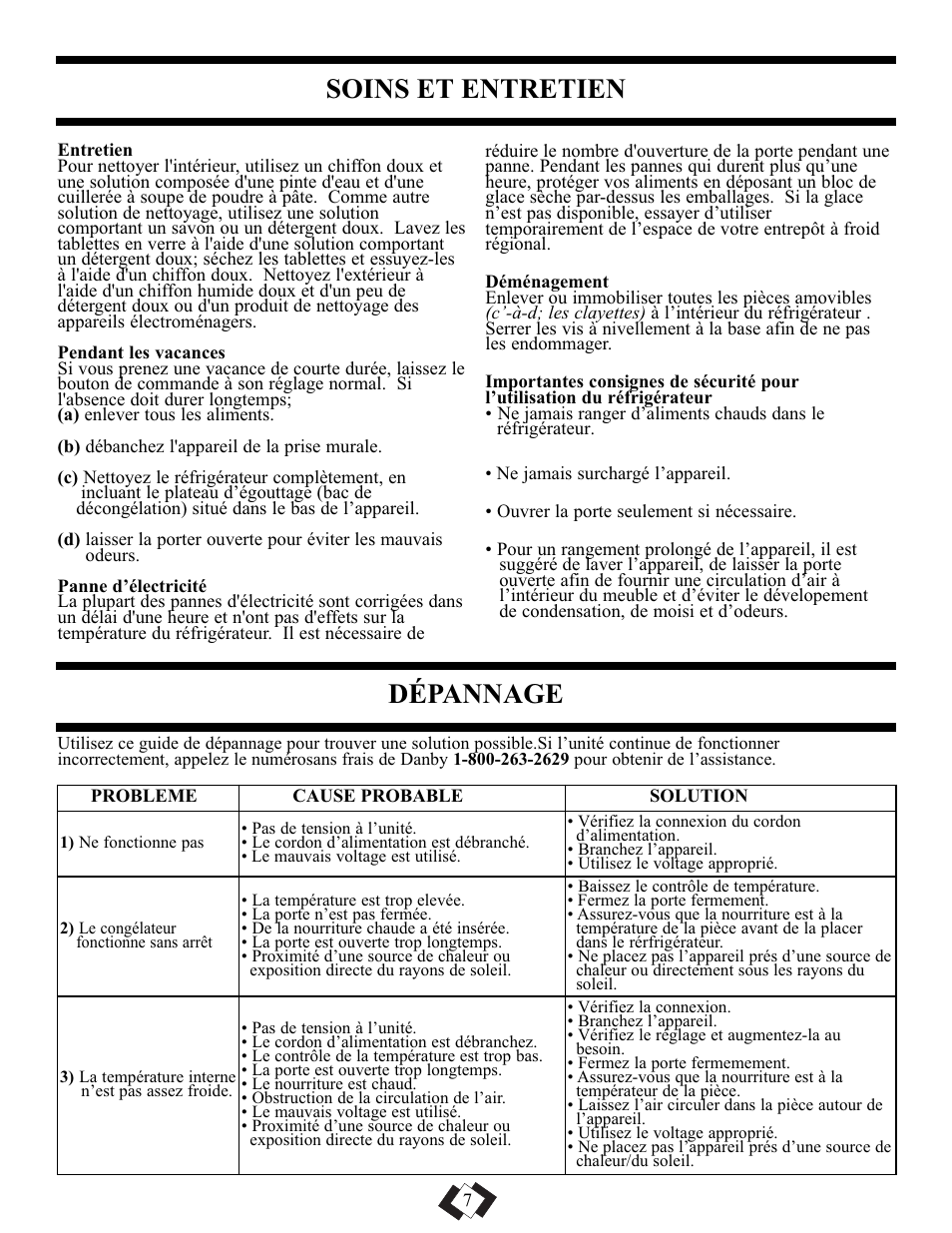 Soins et entretien, Dépannage | Danby DAR1102BSL User Manual | Page 7 / 11