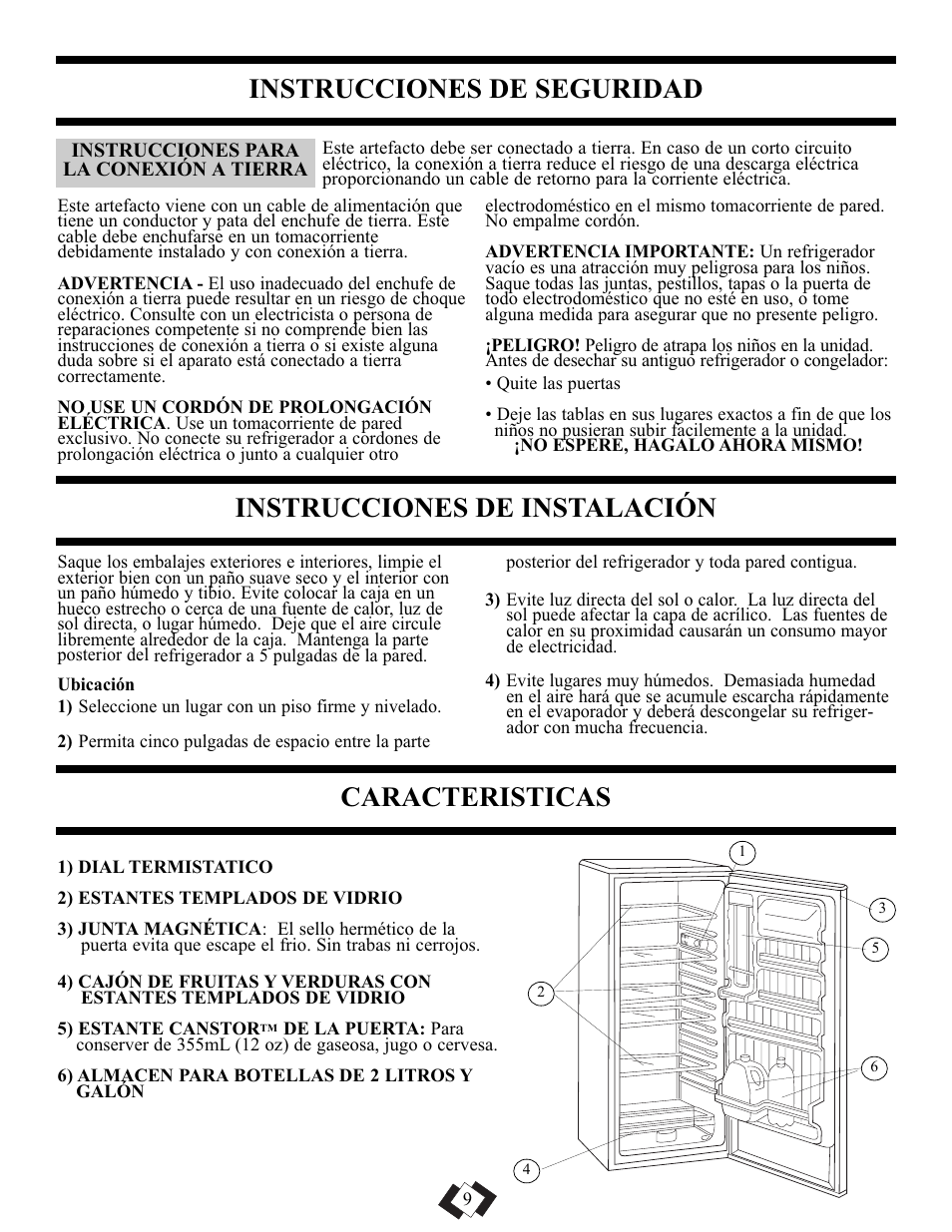 Instrucciones de seguridad, Instrucciones de instalación, Caracteristicas | Danby DAR1102BSL User Manual | Page 8 / 11