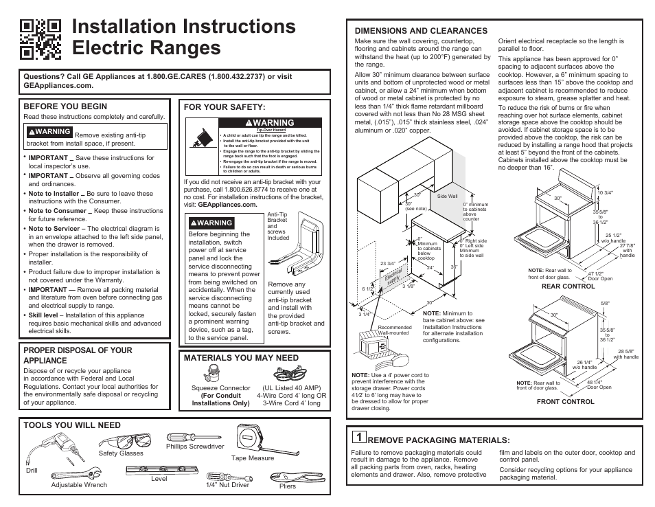 GE 400 Series 30 Inch Freestanding Electric Range Installation Instructions User Manual | 8 pages