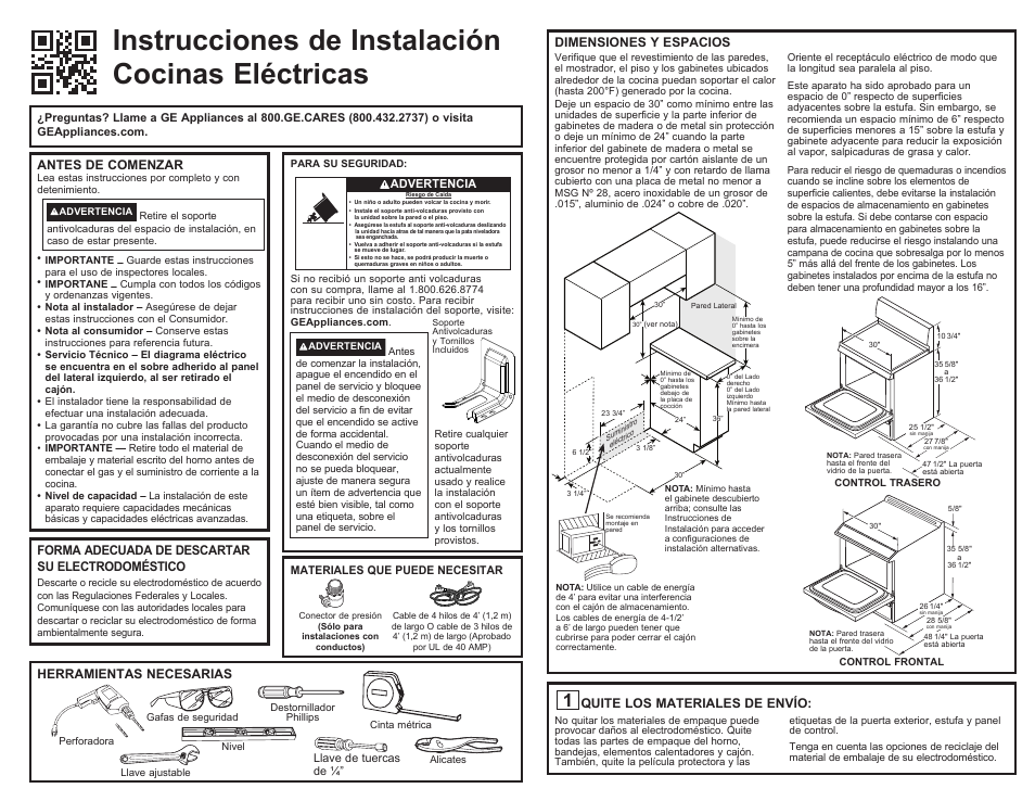 2001194-1_sp_lores, Instrucciones de instalación cocinas eléctricas, Antes de comenzar | Herramientas necesarias, Forma adecuada de descartar su electrodoméstico, Dimensiones y espacios, Quite los materiales de envío | GE 400 Series 30 Inch Freestanding Electric Range Installation Instructions User Manual | Page 5 / 8