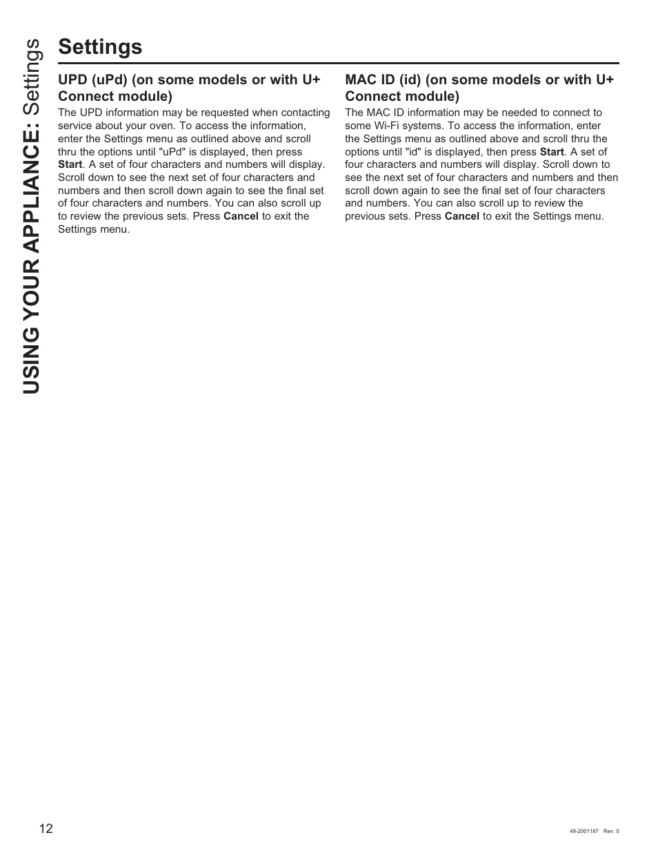 Settings, Using your appliance: settings | GE 500 Series 30 Inch Slide-In Gas Range Owners Guide User Manual | Page 12 / 68