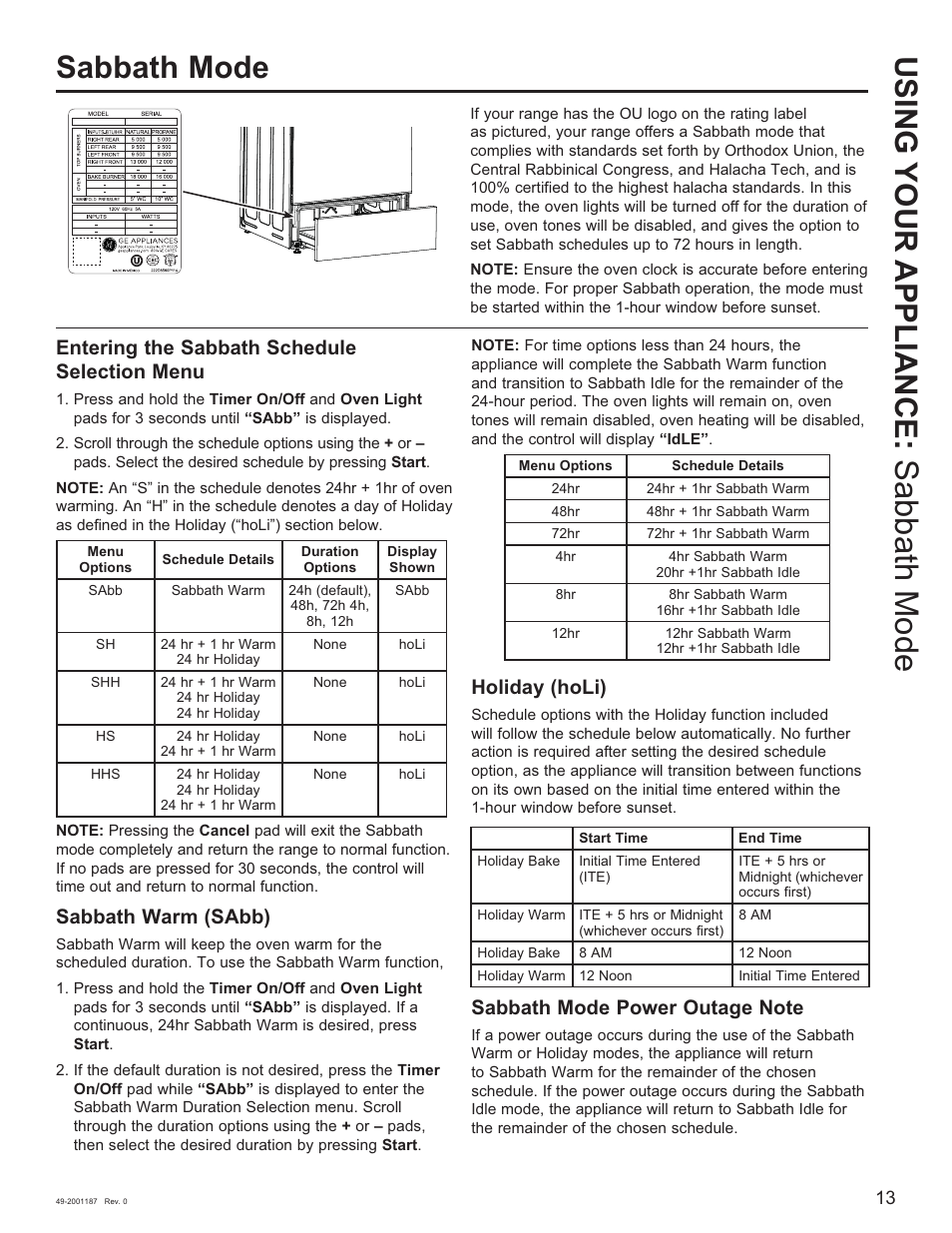 Sabbath mode, Sabbath mode using your appliance, Entering the sabbath schedule selection menu | Sabbath warm (sabb), Holiday (holi) | GE 500 Series 30 Inch Slide-In Gas Range Owners Guide User Manual | Page 13 / 68