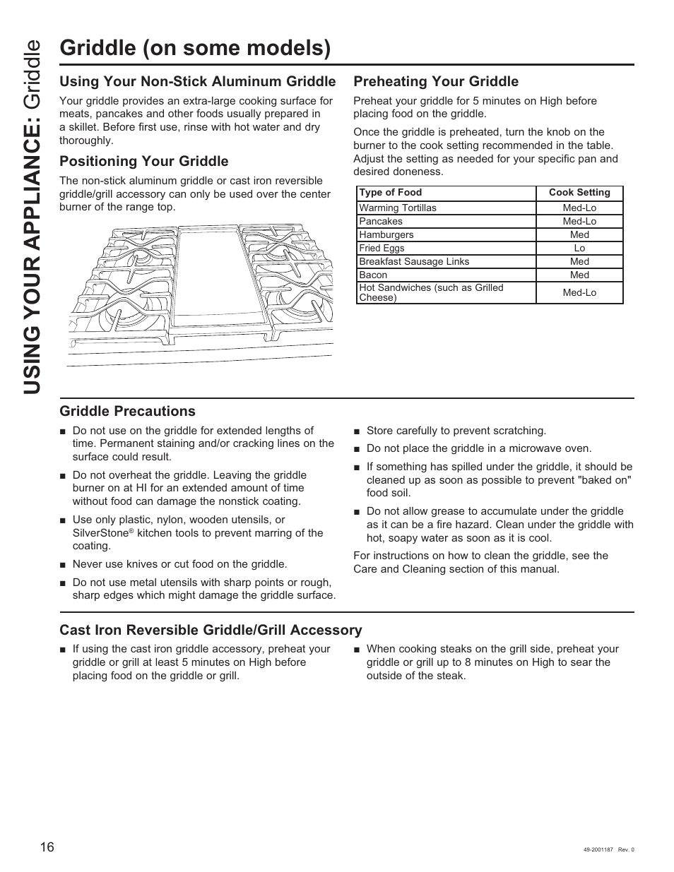 Using your non-stick aluminum griddle, Positioning your griddle, Preheating your griddle | Griddle precautions, Cast iron reversible griddle/grill accessory | GE 500 Series 30 Inch Slide-In Gas Range Owners Guide User Manual | Page 16 / 68