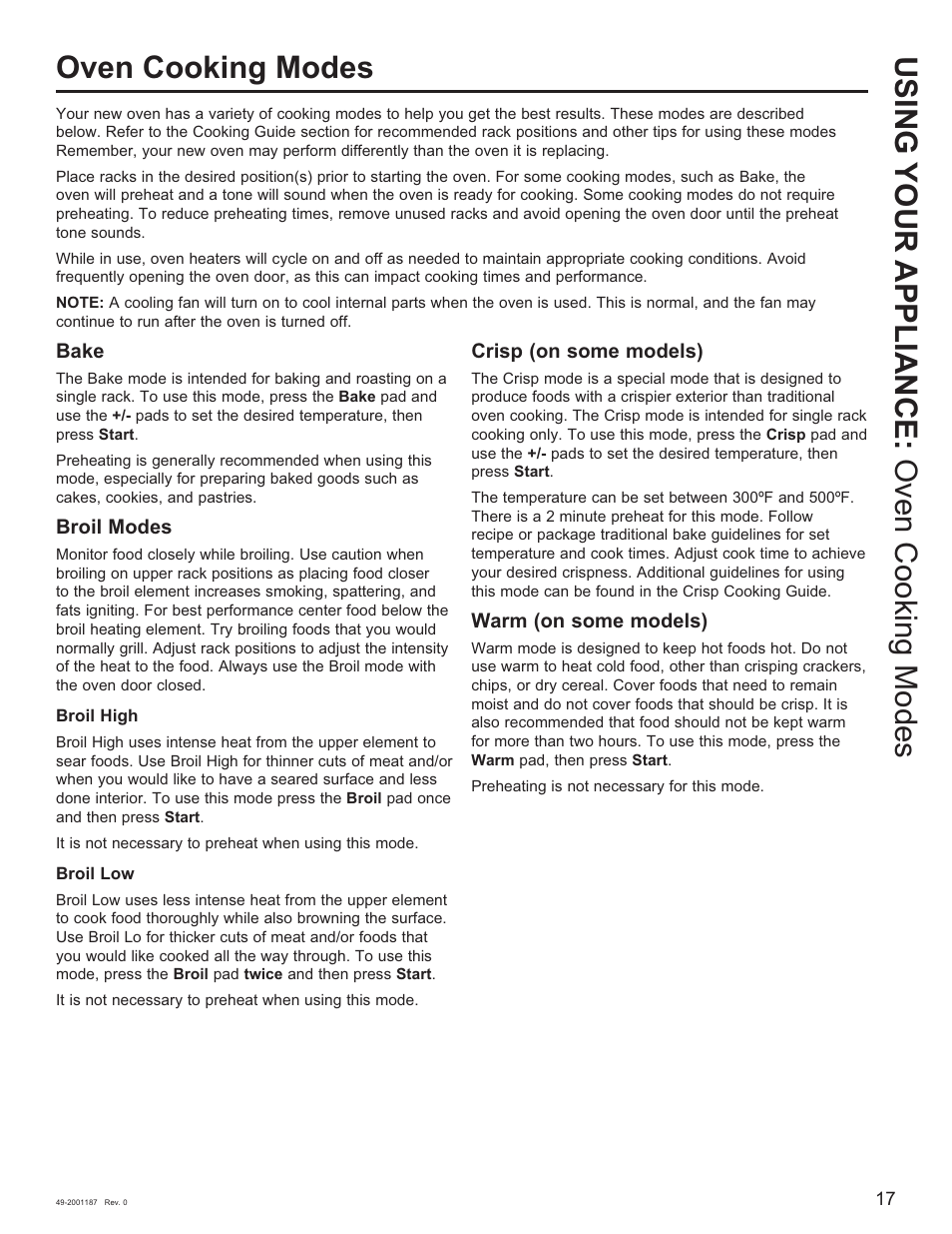 Bake, Broil modes, Crisp (on some models) | Warm (on some models) | GE 500 Series 30 Inch Slide-In Gas Range Owners Guide User Manual | Page 17 / 68