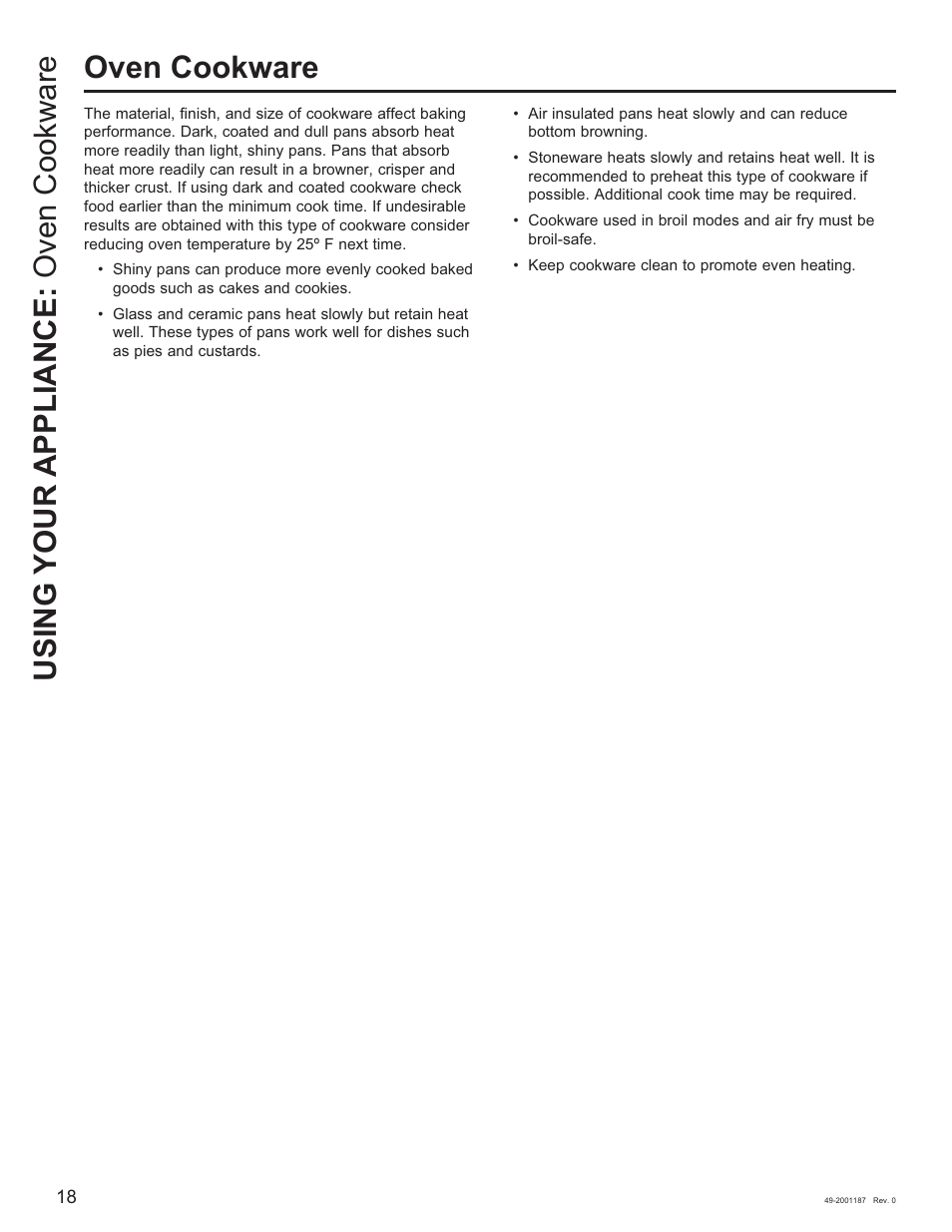 Oven cookware using your appliance: oven cookware | GE 500 Series 30 Inch Slide-In Gas Range Owners Guide User Manual | Page 18 / 68