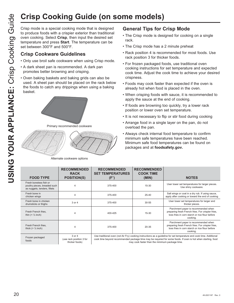 Crisp cookware guidelines, General tips for crisp mode | GE 500 Series 30 Inch Slide-In Gas Range Owners Guide User Manual | Page 20 / 68