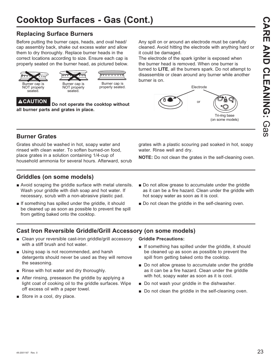 Replacing surface burners, Burner grates, Griddles (on some models) | GE 500 Series 30 Inch Slide-In Gas Range Owners Guide User Manual | Page 23 / 68