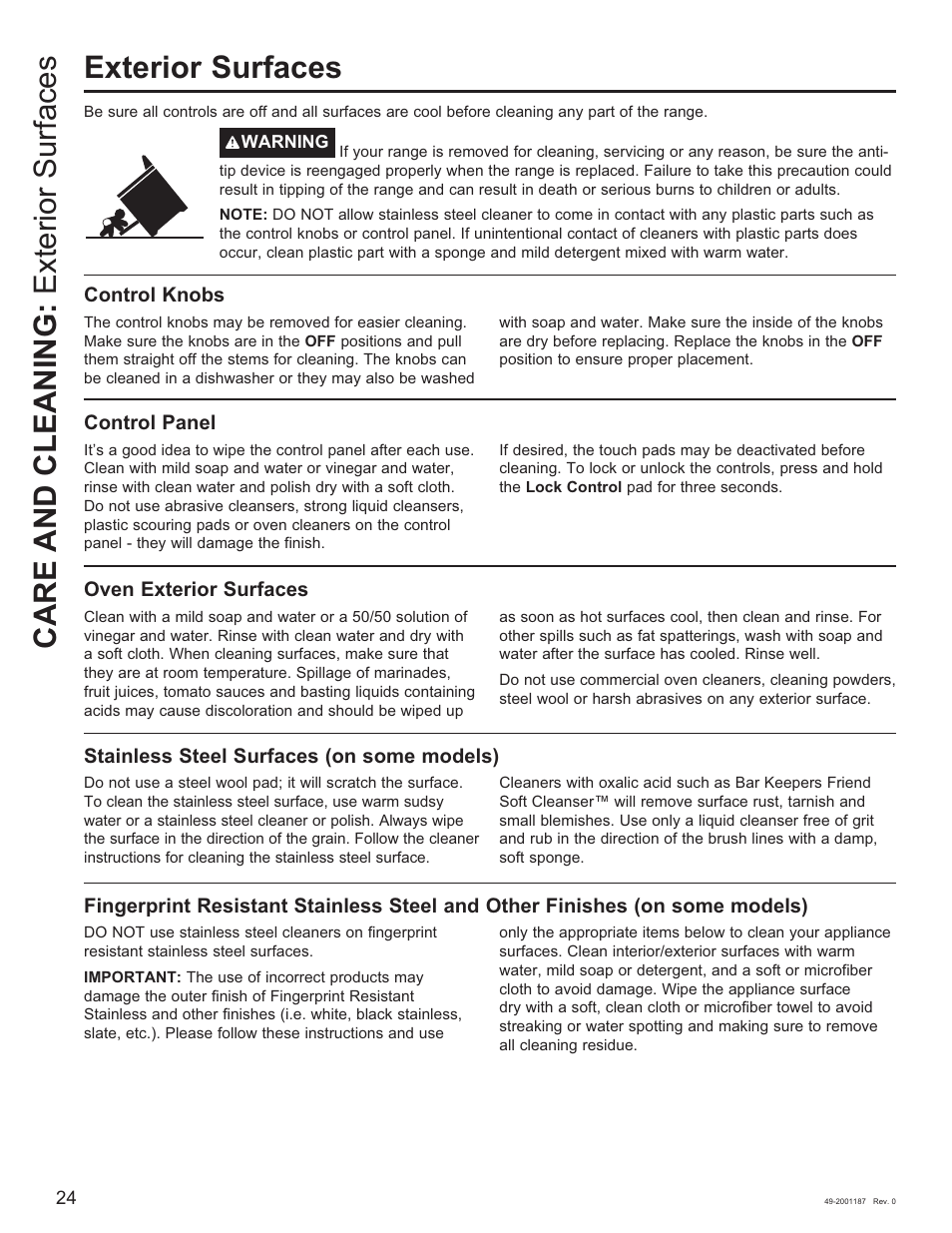 Exterior surfaces, Care and cleaning: exterior surfaces | GE 500 Series 30 Inch Slide-In Gas Range Owners Guide User Manual | Page 24 / 68