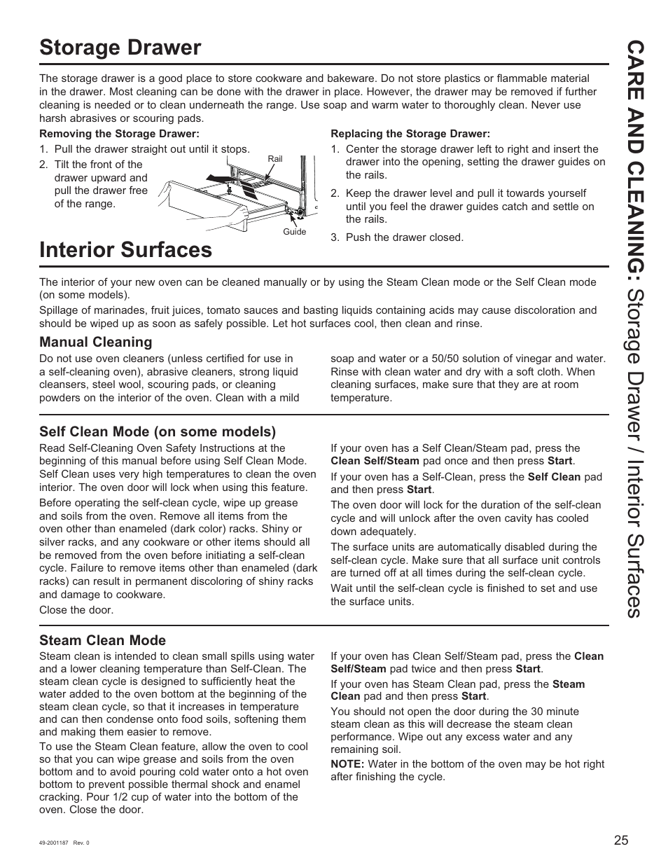 Interior surfaces, Manual cleaning, Self clean mode (on some models) | Steam clean mode | GE 500 Series 30 Inch Slide-In Gas Range Owners Guide User Manual | Page 25 / 68