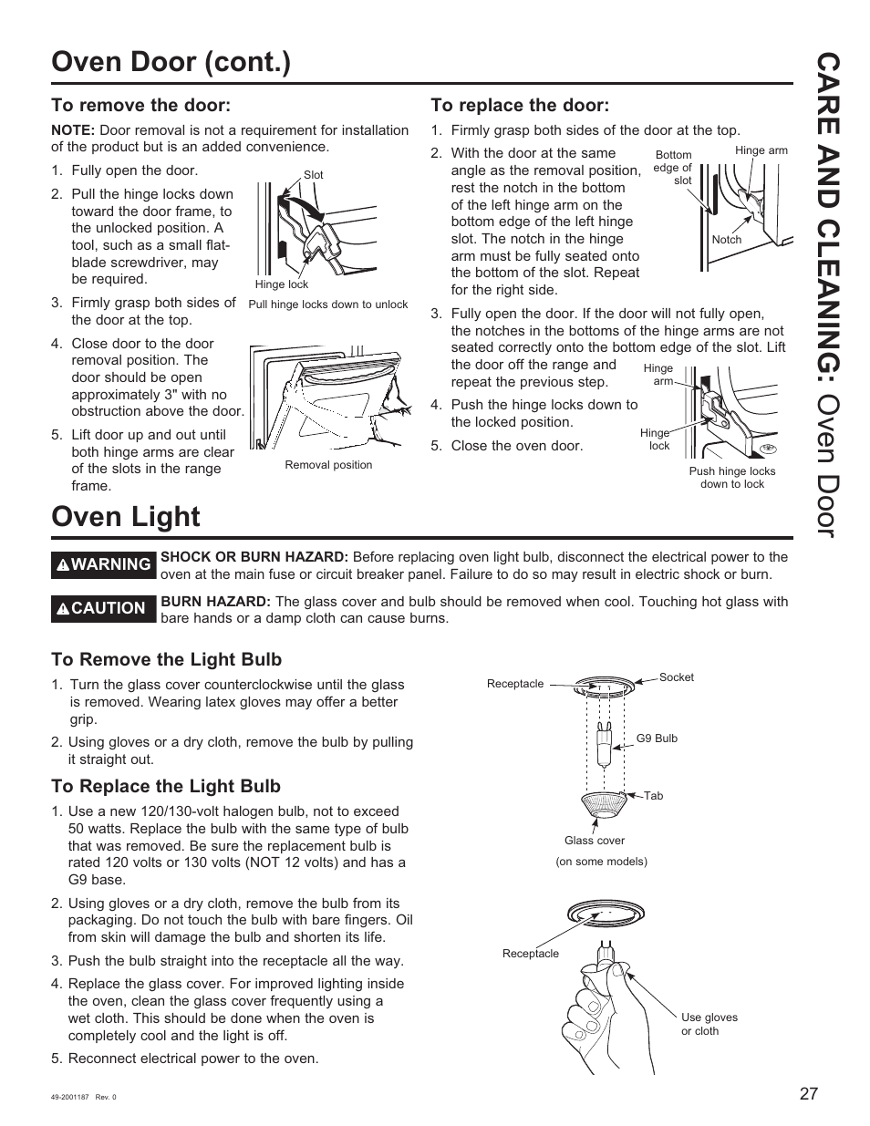Care and cleaning: oven door, Oven door (cont.), Oven light | GE 500 Series 30 Inch Slide-In Gas Range Owners Guide User Manual | Page 27 / 68