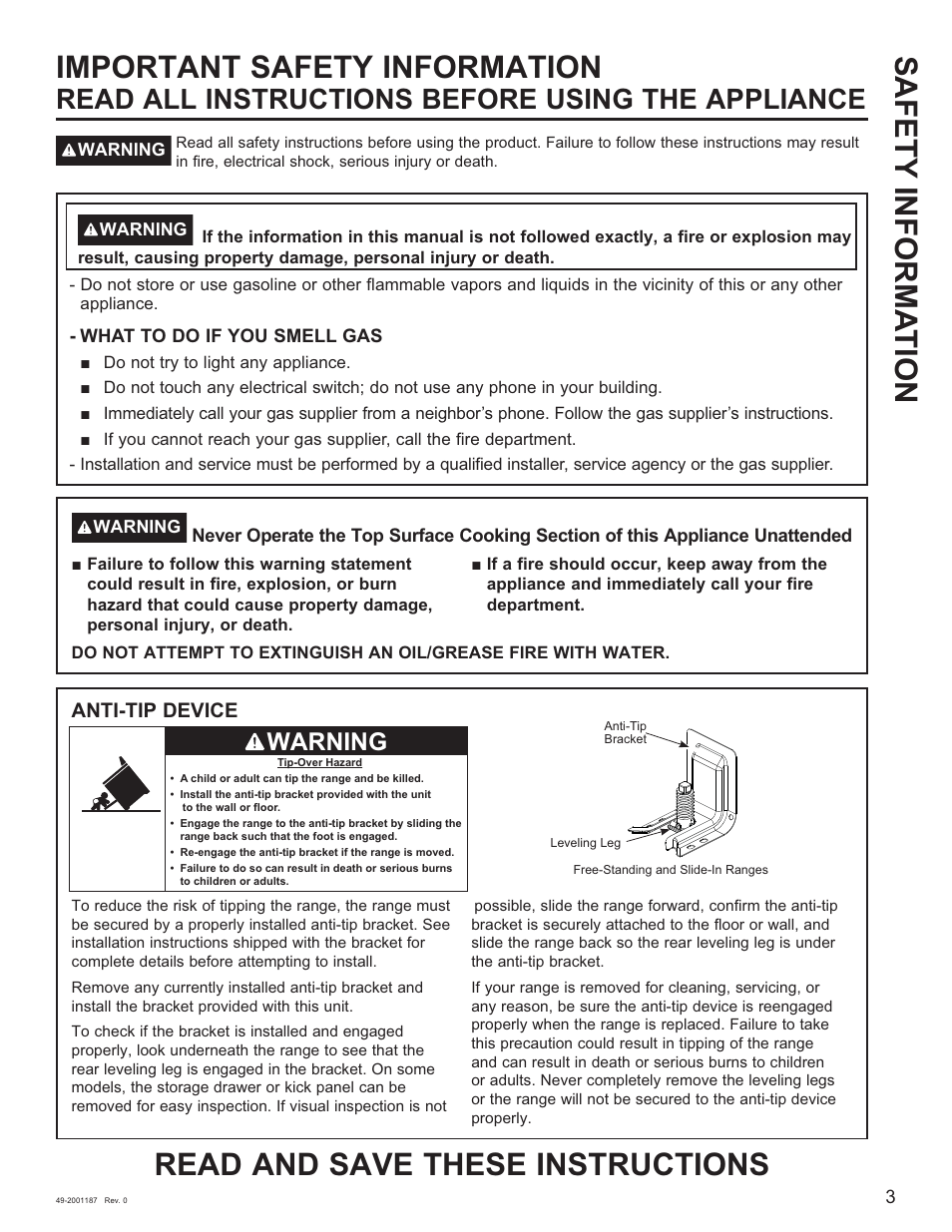 Safety informa tion, Read all instructions before using the appliance, Warning | GE 500 Series 30 Inch Slide-In Gas Range Owners Guide User Manual | Page 3 / 68