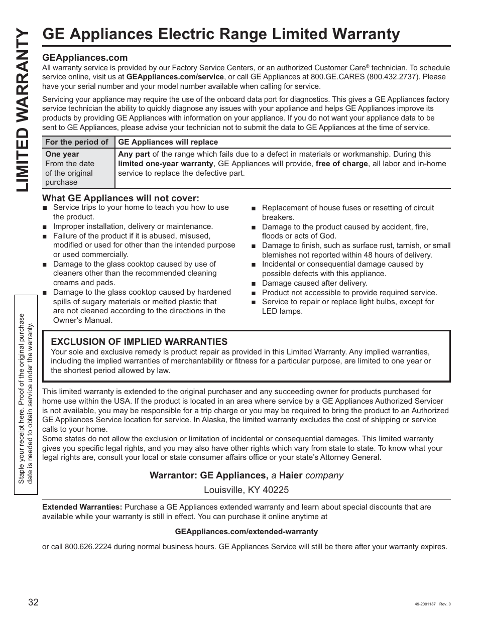 Limited w arranty, Ge appliances electric range limited warranty | GE 500 Series 30 Inch Slide-In Gas Range Owners Guide User Manual | Page 32 / 68