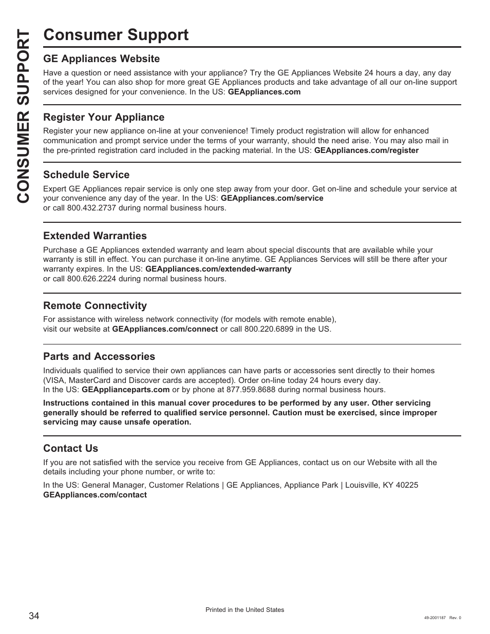 Consumer support consumer support, Ge appliances website, Register your appliance | Schedule service, Extended warranties, Remote connectivity, Parts and accessories, Contact us | GE 500 Series 30 Inch Slide-In Gas Range Owners Guide User Manual | Page 34 / 68