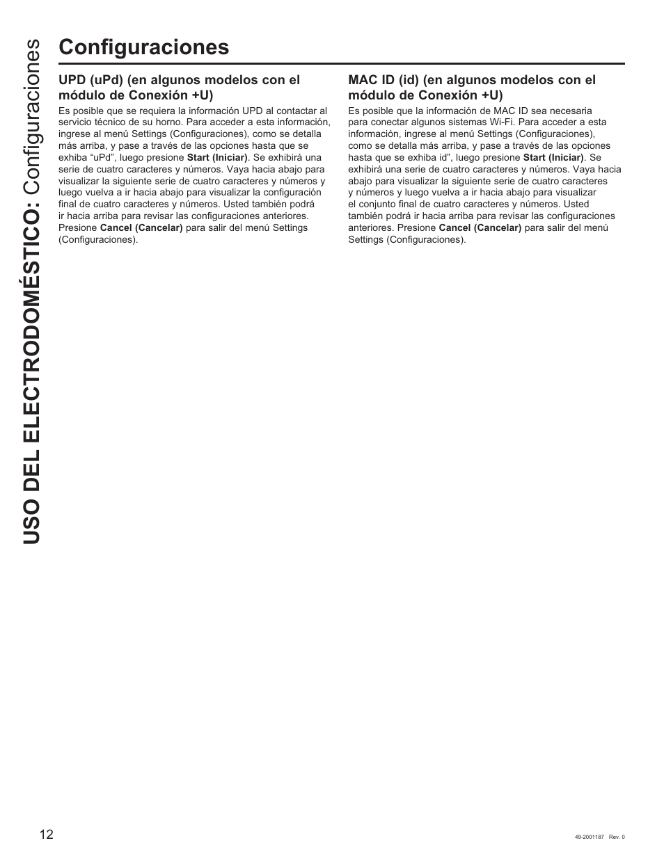 Configuraciones, Uso del electrodoméstico: configuraciones | GE 500 Series 30 Inch Slide-In Gas Range Owners Guide User Manual | Page 46 / 68
