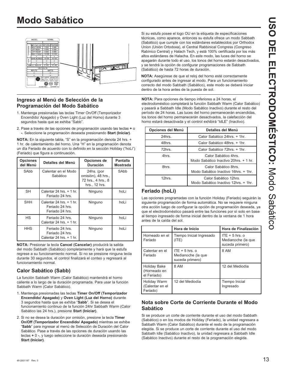 Calor sabático (sabb), Feriado (holi) | GE 500 Series 30 Inch Slide-In Gas Range Owners Guide User Manual | Page 47 / 68