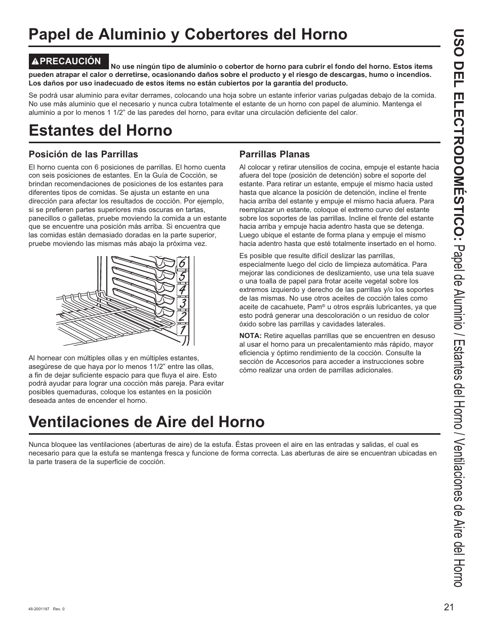 Papel de aluminio y cobertores del horno, Estantes del horno, Ventilaciones de aire del horno | Uso del electrodoméstico | GE 500 Series 30 Inch Slide-In Gas Range Owners Guide User Manual | Page 55 / 68
