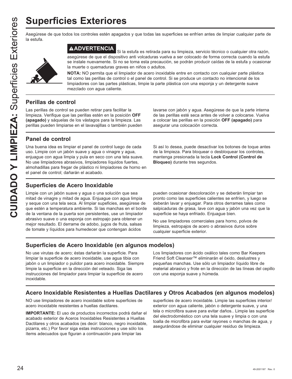 Superficies exteriores, Cuidado y limpieza: superficies exteriores | GE 500 Series 30 Inch Slide-In Gas Range Owners Guide User Manual | Page 58 / 68