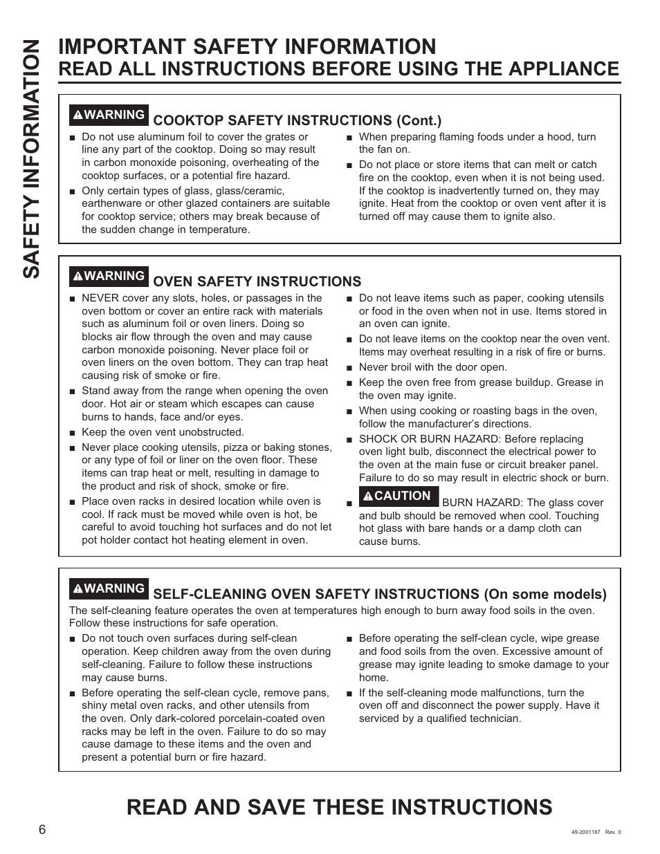 Safety informa tion, Read all instructions before using the appliance | GE 500 Series 30 Inch Slide-In Gas Range Owners Guide User Manual | Page 6 / 68
