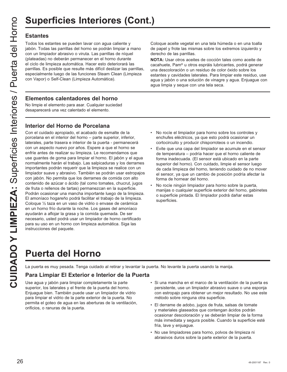 Superficies interiores (cont.), Puerta del horno | GE 500 Series 30 Inch Slide-In Gas Range Owners Guide User Manual | Page 60 / 68