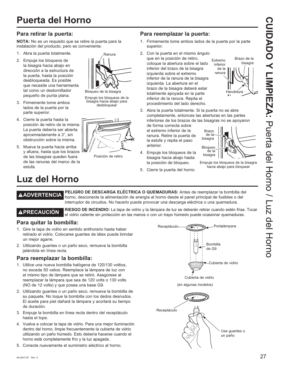 Puerta del horno, Luz del horno, Para retirar la puerta | Para reemplazar la puerta, Advertencia, Precaución, Para quitar la bombilla, Para reemplazar la bombilla | GE 500 Series 30 Inch Slide-In Gas Range Owners Guide User Manual | Page 61 / 68