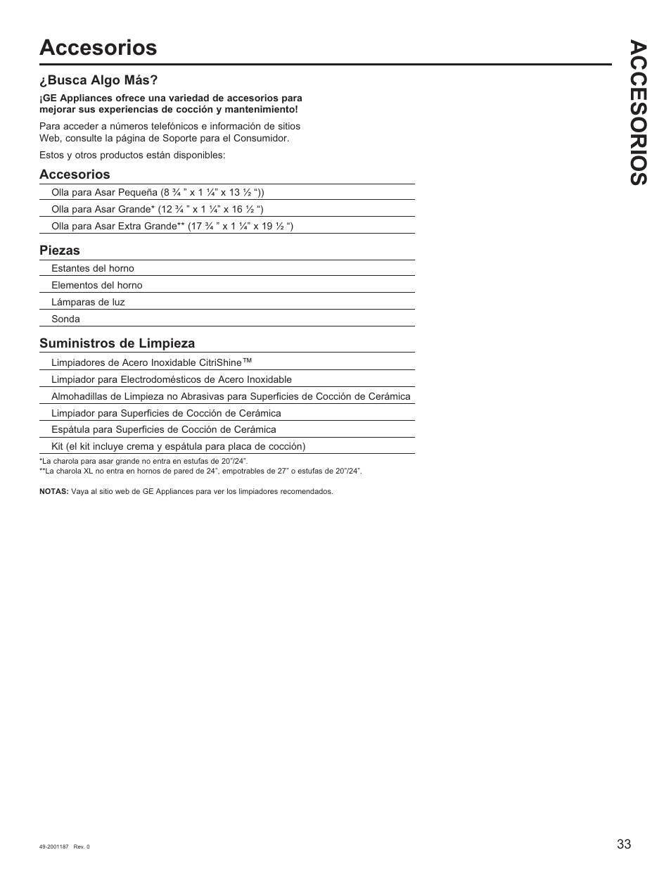 Accesorios | GE 500 Series 30 Inch Slide-In Gas Range Owners Guide User Manual | Page 67 / 68