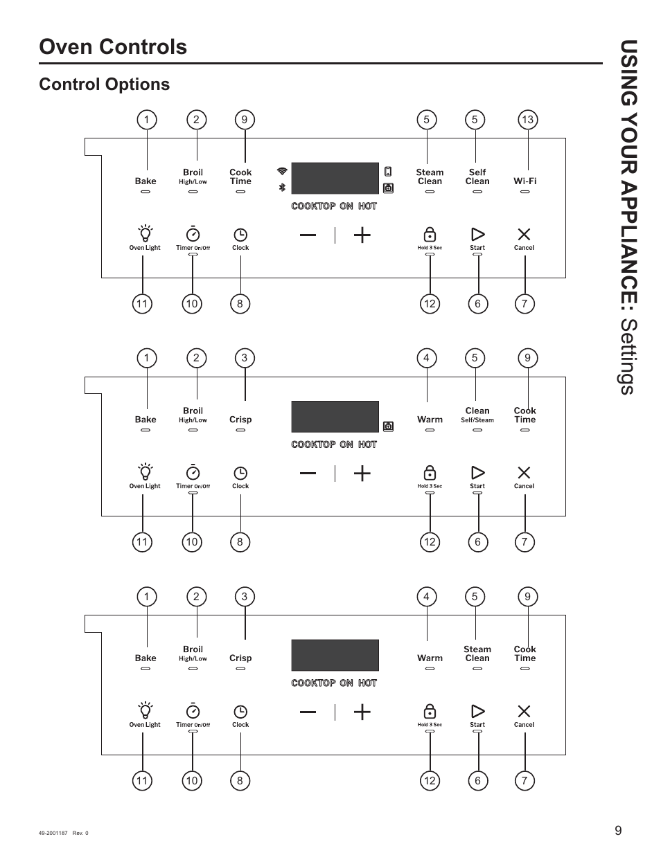 Oven controls, Using your appliance: settings, Control options | GE 500 Series 30 Inch Slide-In Gas Range Owners Guide User Manual | Page 9 / 68