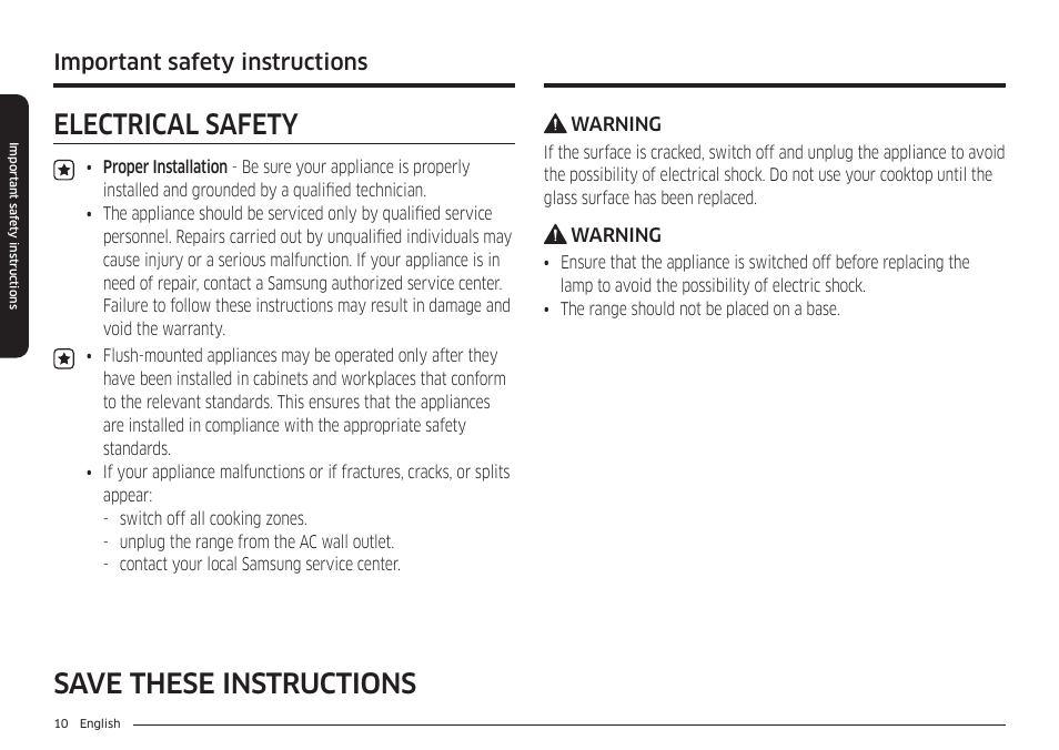 Electrical safety, Save these instructions, Important safety instructions | Samsung 30 Inch Smart Slide-In Induction Range Owners Guide User Manual | Page 10 / 210