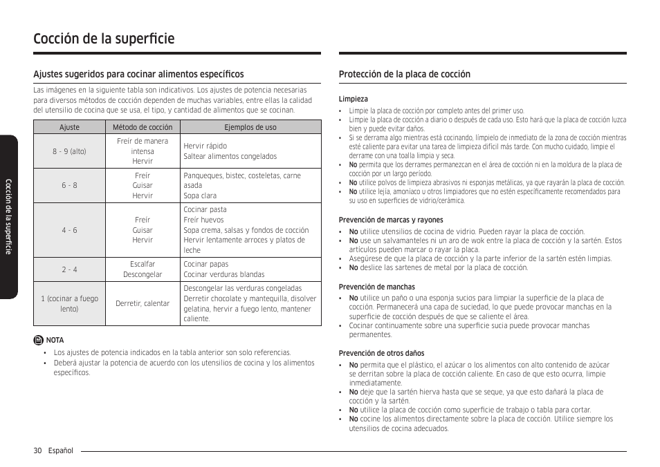 Protección de la placa de cocción, Cocción de la superficie | Samsung 30 Inch Smart Slide-In Induction Range Owners Guide User Manual | Page 100 / 210
