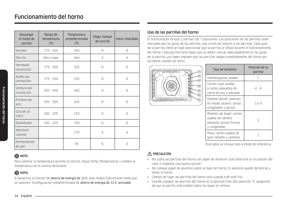 Uso de las parrillas del horno, Funcionamiento del horno | Samsung 30 Inch Smart Slide-In Induction Range Owners Guide User Manual | Page 104 / 210