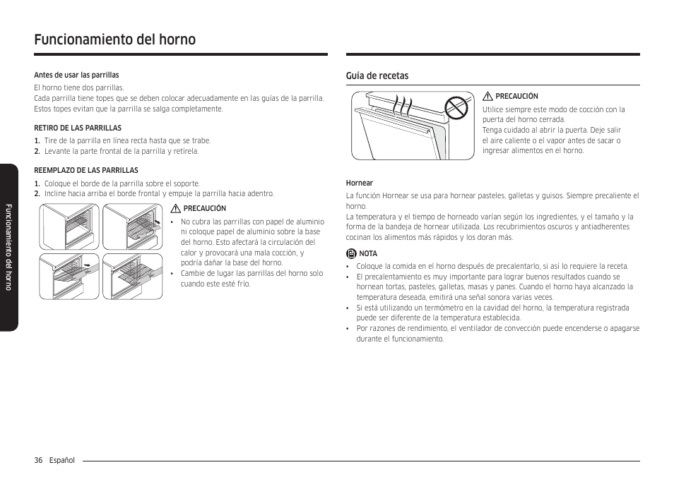 Guía de recetas, Funcionamiento del horno | Samsung 30 Inch Smart Slide-In Induction Range Owners Guide User Manual | Page 106 / 210