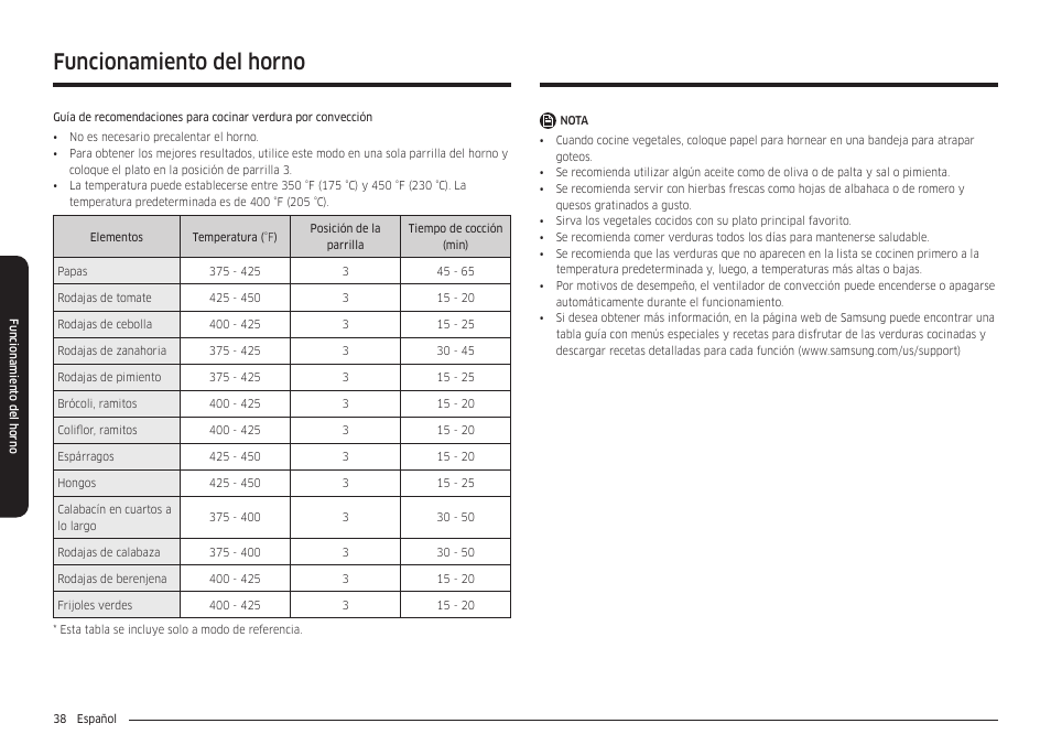 Funcionamiento del horno | Samsung 30 Inch Smart Slide-In Induction Range Owners Guide User Manual | Page 108 / 210