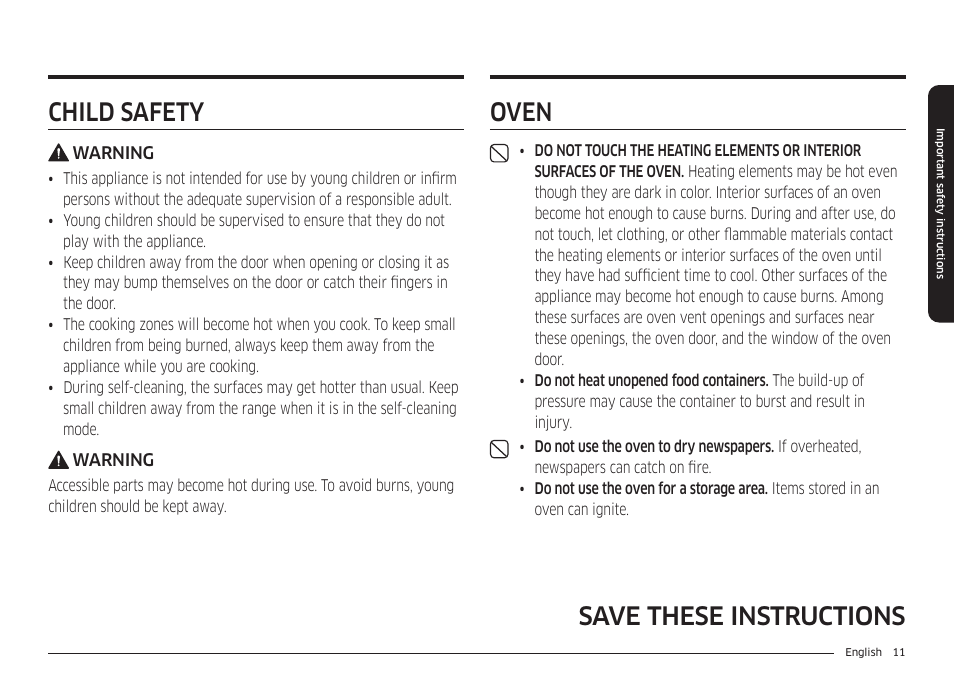 Child safety, Oven, Oven 11 | Save these instructions oven | Samsung 30 Inch Smart Slide-In Induction Range Owners Guide User Manual | Page 11 / 210