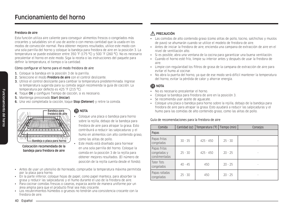 Funcionamiento del horno | Samsung 30 Inch Smart Slide-In Induction Range Owners Guide User Manual | Page 110 / 210