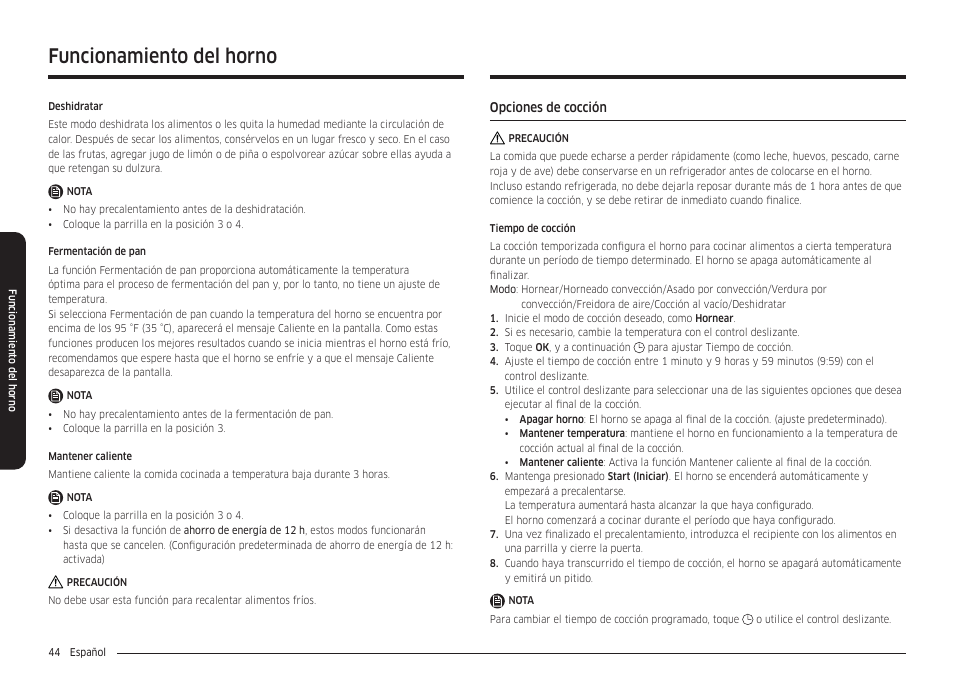 Opciones de cocción, Funcionamiento del horno | Samsung 30 Inch Smart Slide-In Induction Range Owners Guide User Manual | Page 114 / 210