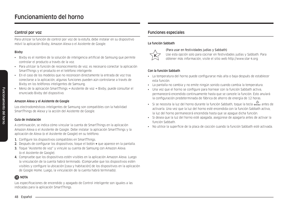 Control por voz, Funciones especiales, Funcionamiento del horno | Samsung 30 Inch Smart Slide-In Induction Range Owners Guide User Manual | Page 118 / 210